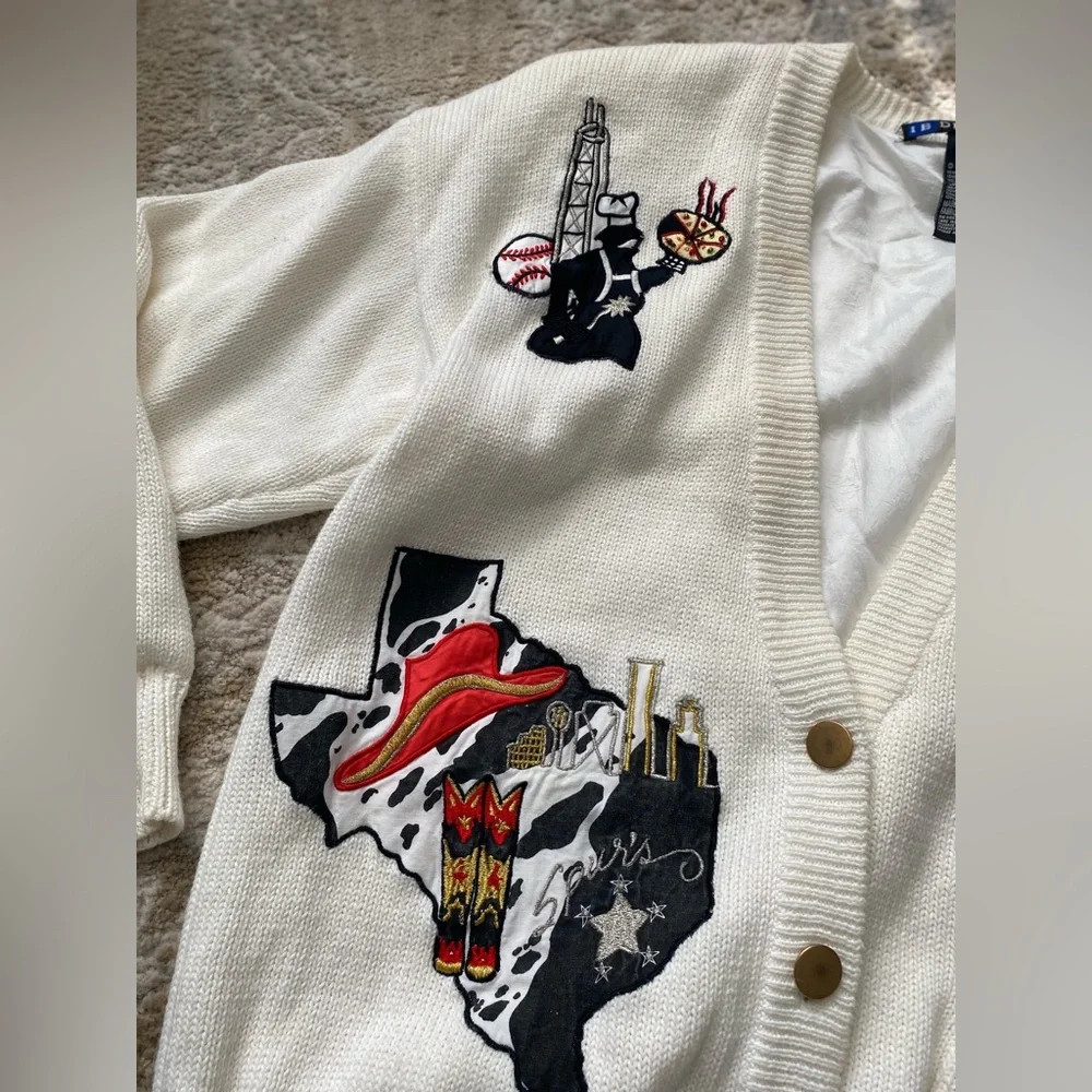 Vintage 90s IB Diffusion White Knit Lined Cardigan Sweater Embroidered Patches S - Picture 3 of 9